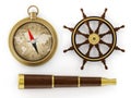 Vintage telescope, ship wheel and compass Royalty Free Stock Photo