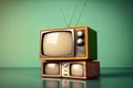 Vintage television concept Stack retro tv set green backg old screen new video tuner blank watch background entertainment classic