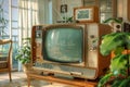 Vintage Television in Retro Styled Living Room with Sunlight Casting Warm Glow, Nostalgic Home Interior Design