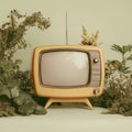 Vintage television surrounded by lush greenery with retro charm Royalty Free Stock Photo