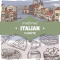 Vintage template with color Venice landscape and Italian cuisine dishes.