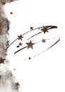 Vintage template for greeting card with flying stars and watercolor rusty spots.