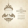 Vintage template with seamless pattern, decorative frame and love birds. Ornamental lace pastel design for wedding invitation,