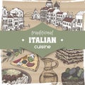 Vintage template with Venice landscape and color Italian cuisine dishes.