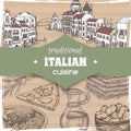 Vintage template with Venice landscape and Italian cuisine dishes.