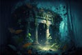 Vintage temple in jungle at night, old overgrown ruins in tropical forest, generative AI Royalty Free Stock Photo