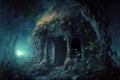 Vintage temple in jungle at night, old ruins in fantasy tropical forest, generative AI