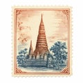 Vintage Temple Stamp: Nostalgic Thai Art In Maroon And Azure
