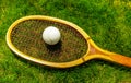 Vintage tennis racquet with traditional white ball on grass court Royalty Free Stock Photo
