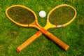 Vintage tennis racquets with traditional white ball on grass court Royalty Free Stock Photo