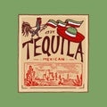 Vintage tequila label badge with vineyard. Alcohol logo with calligraphic element. Frame for poster banner. Emblem