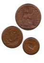 Vintage 20th century copper coins from the United Kingdom. Royalty Free Stock Photo