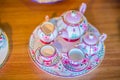 Vintage Thai's style handmade porcelain tea cups set. Beautiful traditional Thai five-colored porcelain ceramic tea cup set. Benj Royalty Free Stock Photo