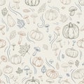 Vintage Thanksgiving autumn seamless pattern of hand drawn line sketches, cute pumpkins, oak leaves, and mushrooms. Ideal for Royalty Free Stock Photo