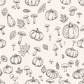 Vintage Thanksgiving autumn seamless pattern of hand drawn line sketches, cute pumpkins, oak leaves, and mushrooms. Ideal for Royalty Free Stock Photo