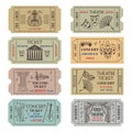 Vintage theatre or cinema tickets with different monochrome symbols of ballet or opera