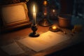 Vintage theme desk with candlelight and papers