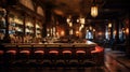 A vintage-themed bar with leather barstools and dimmed lighting