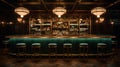 A vintage-themed bar with leather barstools and dimmed lighting