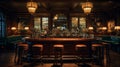 A vintage-themed bar with leather barstools and dimmed lighting