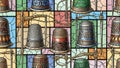 Vintage Thimbles and Sewing Needles Stained Glass Seamless Pattern Royalty Free Stock Photo