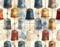 Vintage Thimbles and Thread Spools Watercolor Pattern Royalty Free Stock Photo