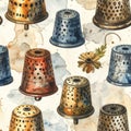 Vintage Thimbles Watercolor Seamless Pattern Royalty Free Stock Photo