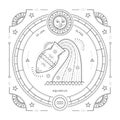 Vintage thin line Aquarius zodiac sign label. Retro vector astrological symbol, mystic, sacred geometry element, emblem Royalty Free Stock Photo