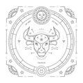 Vintage thin line Taurus zodiac sign label. Retro vector astrological symbol, mystic, sacred geometry element, emblem Royalty Free Stock Photo