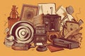 Vintage things and objects. Flea market or antiques shop banner