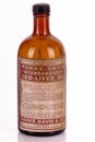 Vintage things. Old style cod liver oil bottle isolated on white background.