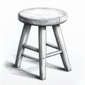 Vintage Three Legged Wooden Stool Isolated on White Background Hand Drawing Royalty Free Stock Photo