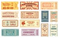 Vintage tickets, retro movie, concert, theater ticket. Old paper voucher card, sports event entrance pass, circus admit Royalty Free Stock Photo