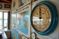 Vintage tide clock and world maps in nautical themed room Royalty Free Stock Photo