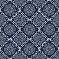 Vintage tile, geometric patterned dark blue vector background, white calligraphic drawing in retro victorian style. Fine oriental