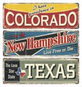 Vintage tin sign collection with America state. Colorado. New Hampshire. texas. Retro souvenirs or postcard templates on rust back
