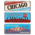 Vintage tin sign collection with US. Chicago City. Retro souvenirs or old paper postcard templates on rust background Royalty Free Stock Photo