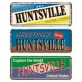 Vintage tin sign collection with US. Huntsville City. Retro souvenirs or old paper postcard templates on rust background Royalty Free Stock Photo