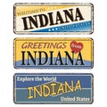 Vintage tin sign collection with US. Indiana State. Retro souvenirs or old paper postcard templates on rust background Royalty Free Stock Photo