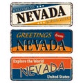 Vintage tin sign collection with US. Nevada State. Retro souvenirs or old paper postcard templates on rust background Royalty Free Stock Photo