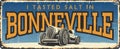 Vintage tin sign collection with USA cities. Bonneville. Utah. Retro souvenirs or postcard templates on rust background. Race.