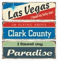 Vintage tin sign collection with USA cities. Las Vegas. Clark County. Paradise. Retro souvenirs or postcard templates on rust back
