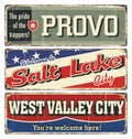 Vintage tin sign collection with USA cities. Provo. Salt Lake. West Valley. California. Utah. Retro souvenirs or postcard template