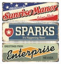 Vintage tin sign collection with USA cities. Sunrise. Sparks. Enterprise.