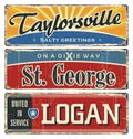 Vintage tin sign collection with USA cities. Tourist destination. Top ten. City. America. Retro souvenirs or postcard templates on