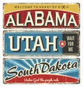 Vintage tin sign collection with USA state. Alabama. Utah. South Dakota. Retro souvenirs or postcard templates on rust Royalty Free Stock Photo