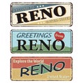 Vintage tin sign set Reno. Retro souvenirs or old postcard templates on rust background.