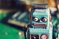 Vintage tin toy robot with computer board, artificial intelligence concept Royalty Free Stock Photo