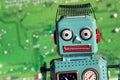 Vintage tin toy robot with computer board, artificial intelligence concept Royalty Free Stock Photo