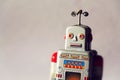 Vintage tin toy robot isolated, drone delivery artificial intelligence concept Royalty Free Stock Photo